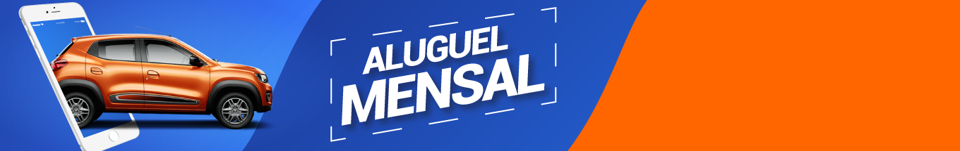 Banner promocional azul com carro laranja sobre Aluguel Mensal.